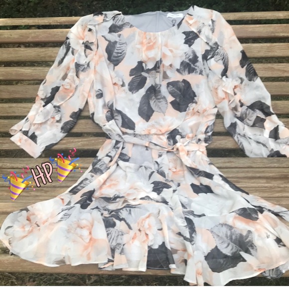 Calvin Klein Dresses & Skirts - 🎉HPx2🎉, NWT Calvin Klein Black & Peach Floral MIDI Dress W/3/4 Ruffled Sleeves